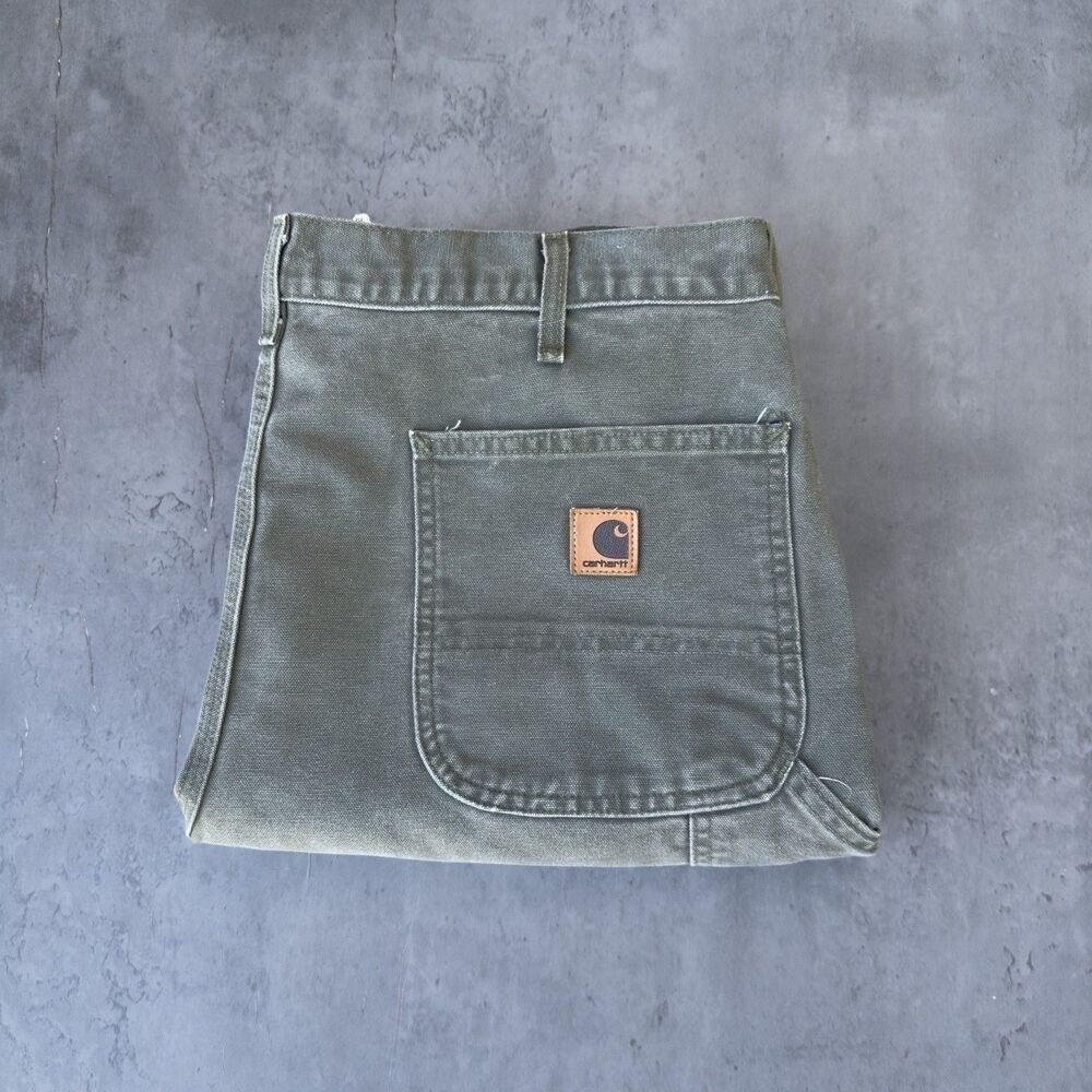 Vintage Carhartt B11 MOS Moss Green Washed Duck Work Dungaree Pants Mens 38x32